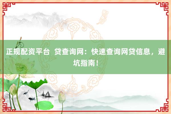 正规配资平台  贷查询网：快速查询网贷信息，避坑指南！